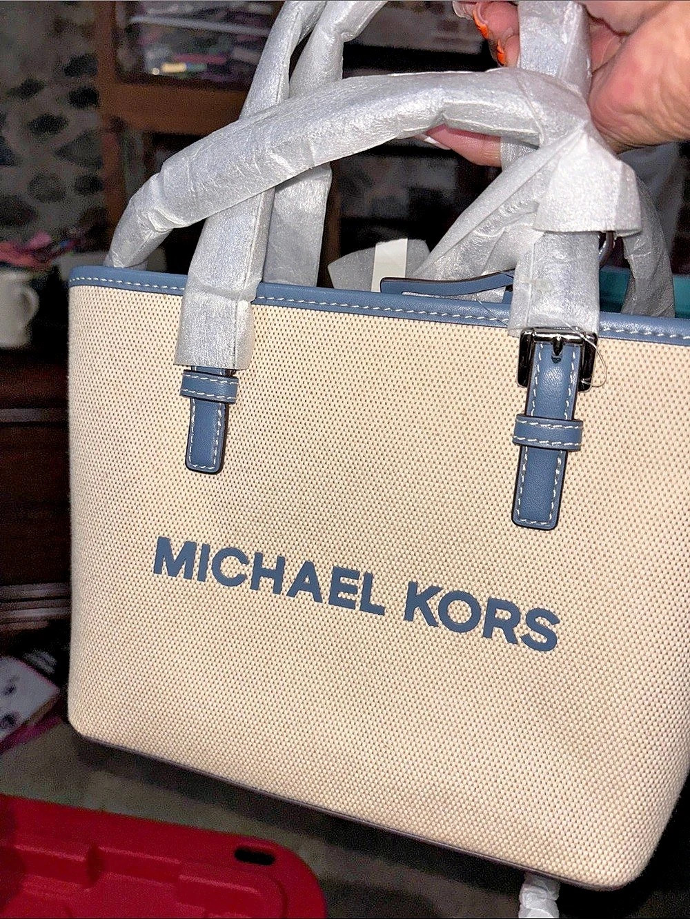 Michael Kors Quinn Small Striped Canvas Convertible Crossbody Bag Tote Beige &